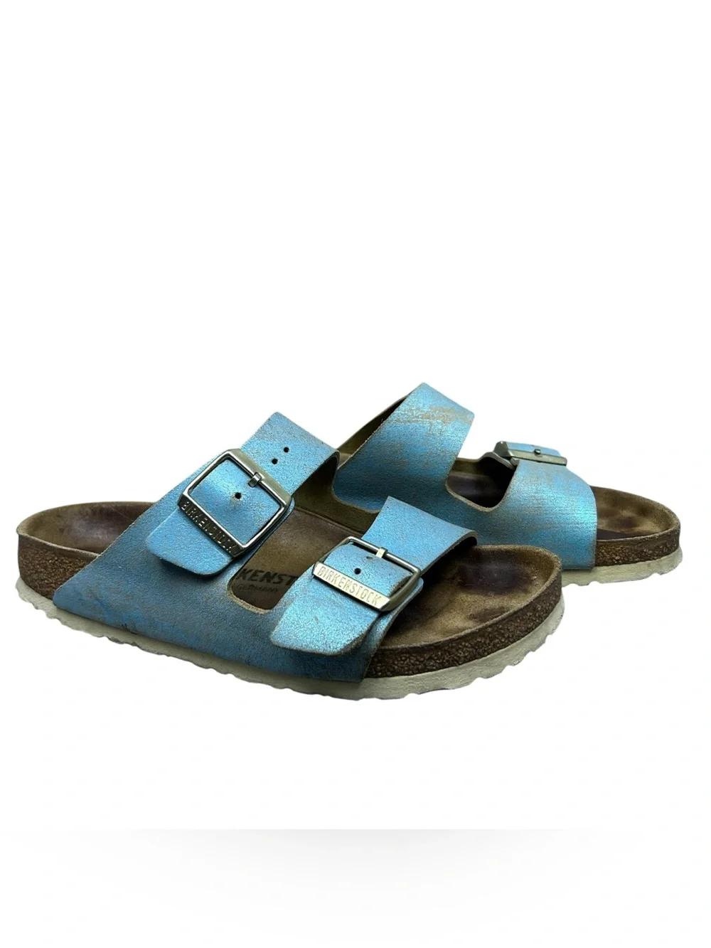 Birkenstock Womens Arizona Washed Metallic Aqua Suede Slides Sandals 38 EU/ 7 US